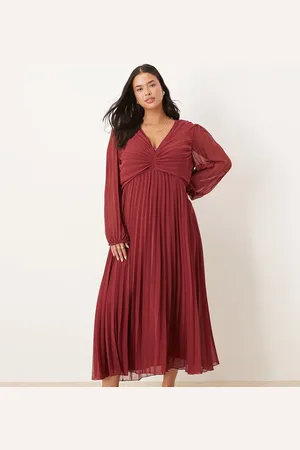ASOS ASOS DESIGN Curve pleated bodice plunge neck midi dress in burgundy