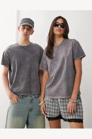 Reclaimed Unisex acid wash cropped boxy t-shirt in charcoal