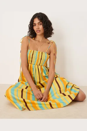ASOS Shirred bust cotton poplin midi dress in stripes