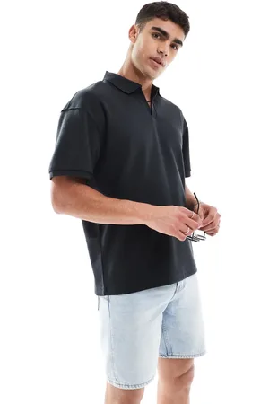 Only & Sons Oversized slit neck polo shirt in black