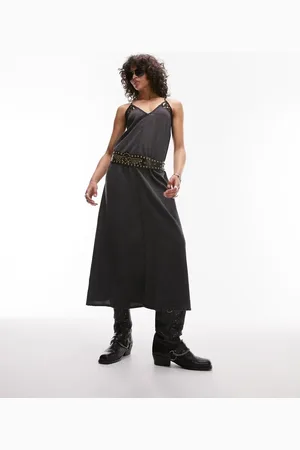 Topshop Crochet mix strappy slip midi dress in charcoal