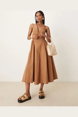 Threadbare V-neck cotton rich midi dress with drop waist in