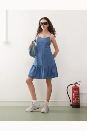 COLLUSION Slash neck frill hem smock mini dress in denim