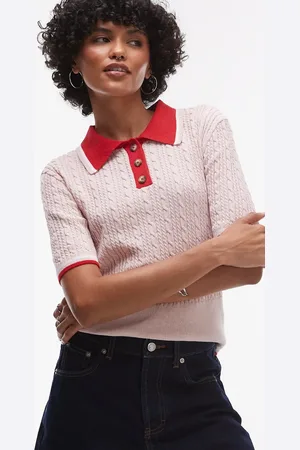 Topshop Cable knit shrunken rugby top in and red