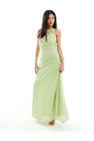 TFNC Asymmetric maxi dress with drape scarf detail in lime
