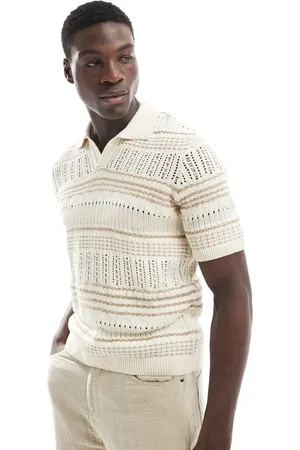 Only & Sons Relaxed fit open knit polo in beige stripe