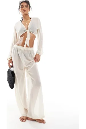 ONLY Tie front top and pants beach set in cream