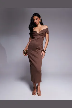 ASOS Sculpted bardot midi pencil dress with seam detailing in chocolate