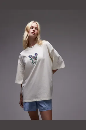 Topshop Embroidered floral oversized tee in ecru