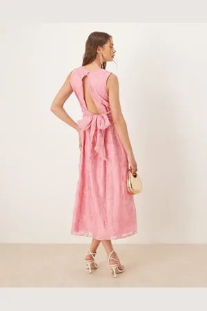 Y.A.S Rope embroidered bow back detail midi dress in bubblegum