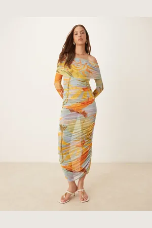 Never Fully Dressed Ruched mesh midaxi dress in mixed print