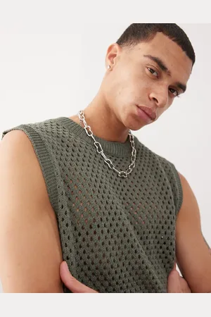 Reclaimed Crochet open stitch knit resort tank in khaki