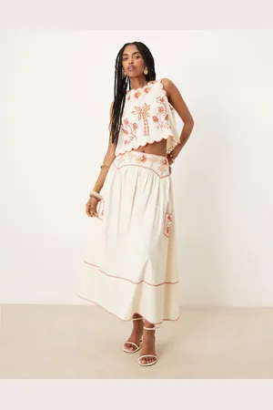 Never Fully Dressed Embroidered cotton midaxi skirt in cream and red - part of a set