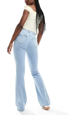 Miss Selfridge Heart pocket flare jeans in bleach wash