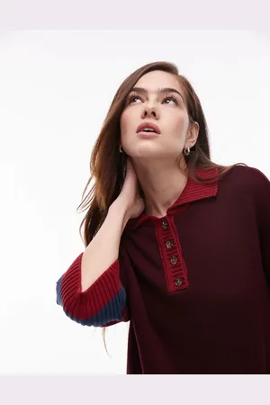 Topshop Button up knit polo top in burgundy