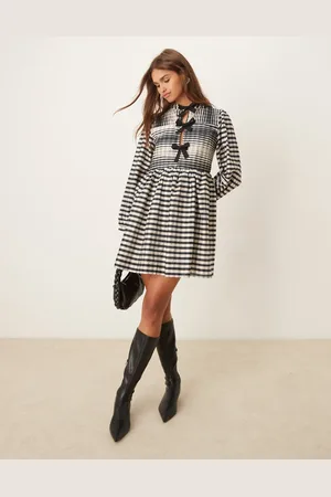 Ghospell Bobbi plaid bow mini dress in black and white