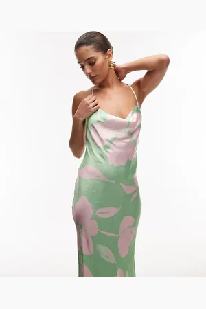 Topshop Cowl maxi slip dress in lime and pink floral