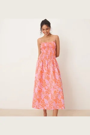 JDY Drop waist shirred midaxi dress in pink & print