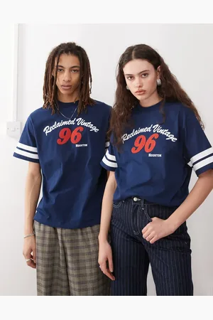 Reclaimed Unisex slim cropped boxy tee with varsity graphic print in