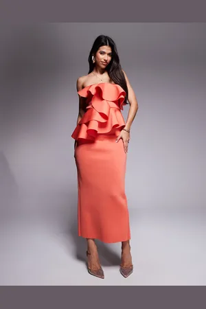 ASOS Scuba manipulated ruffle overlay bandeau midi dress in coral