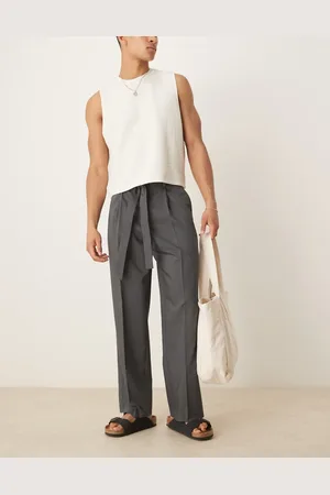 ASOS Wide leg dress pants with belt detail and front pleats in charcoal pinstripes