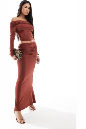 Aria Cove Slinky ruched column maxi skirt in rust - part of a set