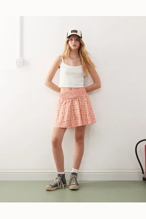 Reclaimed Western mini skirt with shirring in pink plaid