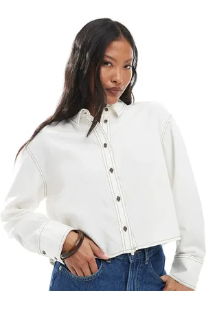 ONLY Linen cropped shirt with contrast stitch in