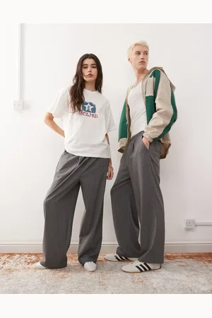 Reclaimed Unisex pull on wide leg pinstripe pants in charcoal