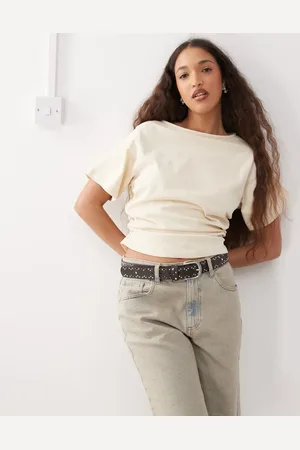 Reclaimed Slash neck cinched waist tshirt with ruching in butter