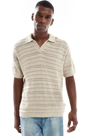 Only & Sons Dropped shoulders open knit split neck polo shirt in beige