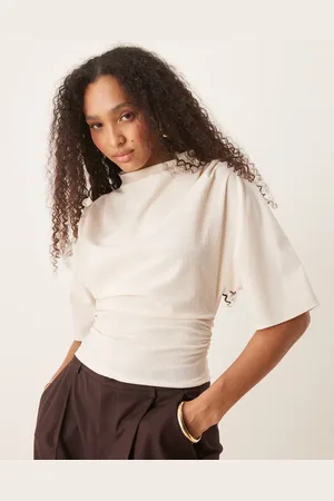 Gina Tricot Short sleeve drape boat neck top with elbow sleeves in off-white