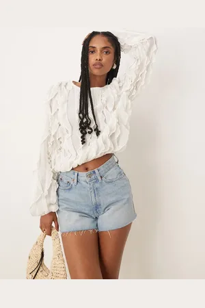 Gina Tricot Ruffle top with volume sleeves in ecru