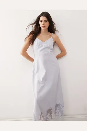 Reclaimed Denim lace insert strappy cami midi dress in light wash