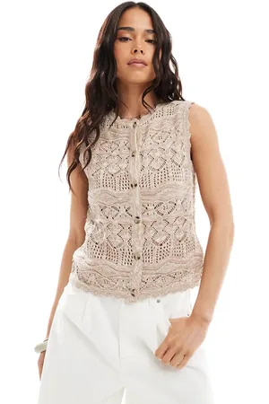 Threadbare Knit textured button down vest top in stone