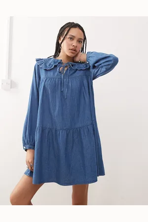 Reclaimed Denim mini smock dress with oversized peter pan collar in midwash