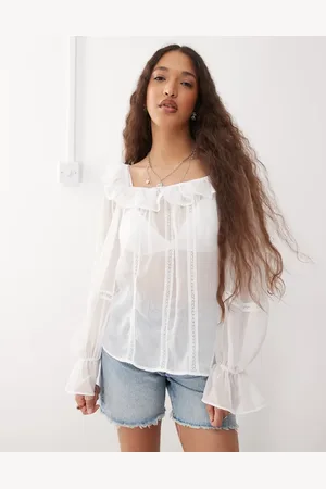Reclaimed Sheer square neck top with ruffles and lace trim in