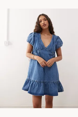 Reclaimed Puff sleeve denim smock mini dress in midwash