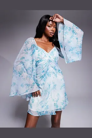 ASOS Exaggerated sleeves ruched mini dress in blue floral print