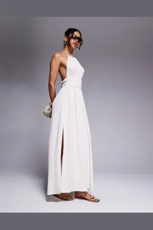 River Island Halterneck shirred maxi dress in stone