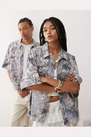 COLLUSION Unisex denim boxy shirt in camo print