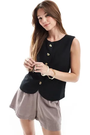 Threadbare Linen blend high neck button down vest in