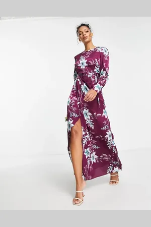 Liquorish Satin modest maxi dress in wine placement floral