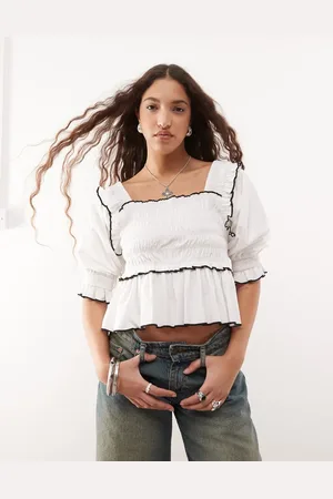 COLLUSION Extreme ruched puff sleeve blouse with contrast ties in white