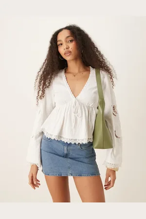 ASOS Lace hem crinkle embroidered tie front long sleeve top in