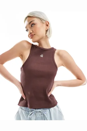 4th & Reckless Cotton ribbed racerneck embroidered logo tank top in chocolate