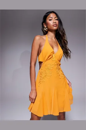 ASOS Embroidered halter mini dress with godets in bright