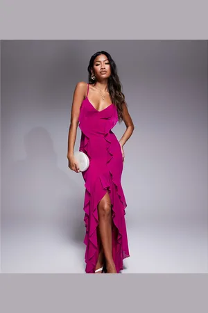 Murci Exclusive ruffle detail cami front slit maxi dress in dark pink
