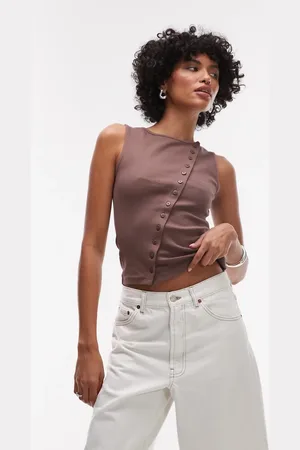 Topshop Asymmetric button up tank top in chocolate