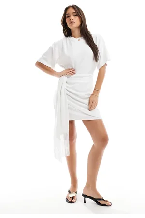 4th & Reckless Cut-out fringed side drape detail short sleeve mini dress in white
